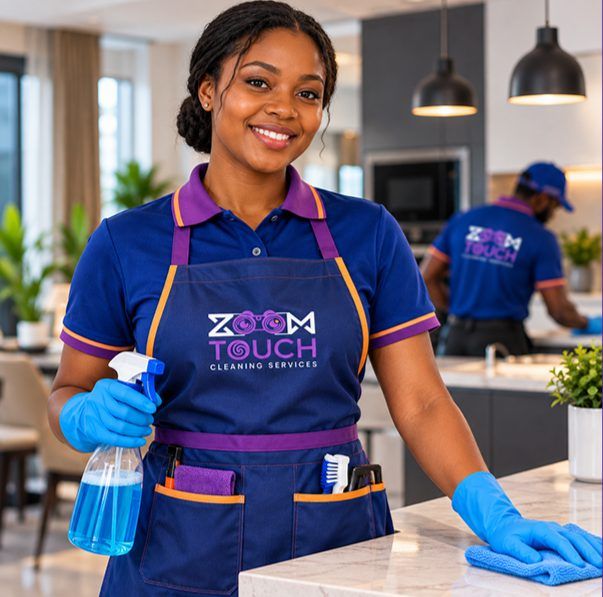 Cleaner wiping a kitchen counter in a bright home