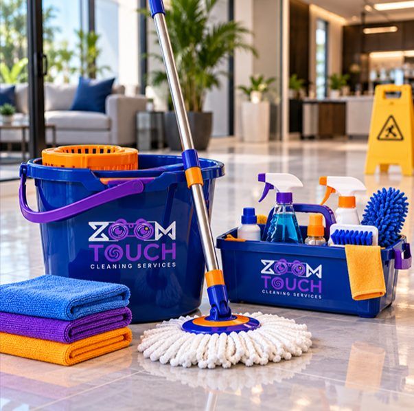 ZoomTouch branded mop bucket and cleaning caddy with supplies